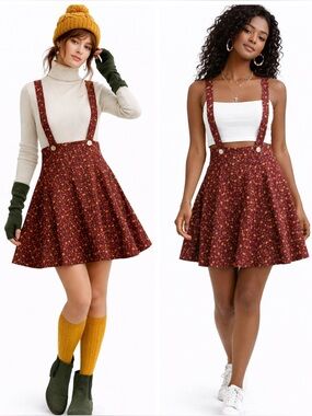 NWT Floral Cotton Pinafore Burgundy Dress, Adjustable Strap Suspender Mini Dress